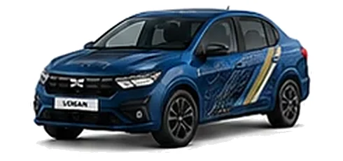 Dacia Logan in Iron Blue with topographic-pattern vinyl side graphics, front three-quarter view on a white background.