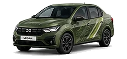 Dacia Logan in Cedar Green with topographic-pattern vinyl side graphics, front three-quarter view on a white background.