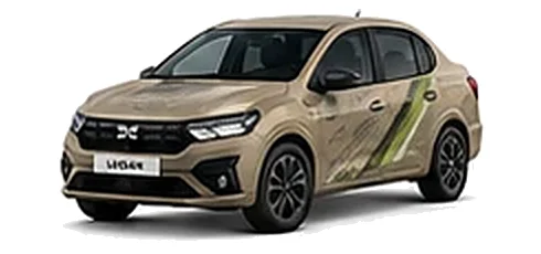 Dacia Logan in Sandstone with topographic-pattern vinyl side graphics, front three-quarter view on a white background.