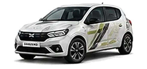 Dacia Sandero in Glacier White with topographic-pattern vinyl side graphics, front three-quarter view on a white background.