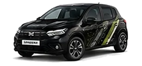 Dacia Sandero in Pearl Black with topographic-pattern vinyl side graphics, front three-quarter view on a white background.
