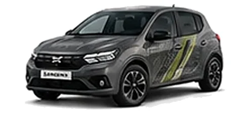 Dacia Sandero in Slate Grey with topographic-pattern vinyl side graphics, front three-quarter view on a white background.