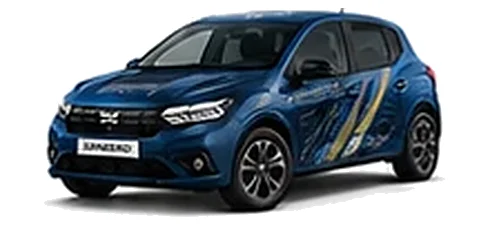 Dacia Sandero in Iron Blue with topographic-pattern vinyl side graphics, front three-quarter view on a white background.