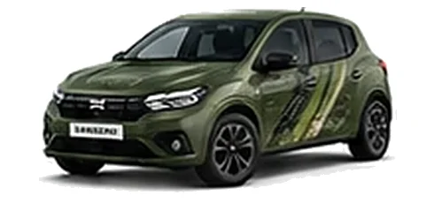 Dacia Sandero in Cedar Green with topographic-pattern vinyl side graphics, front three-quarter view on a white background.