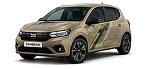 Dacia Sandero in Sandstone with topographic-pattern vinyl side graphics, front three-quarter view on a white background.