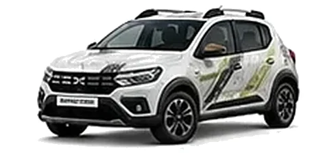 Dacia Sandero Stepway in Glacier White with topographic-pattern vinyl side graphics, front three-quarter view on a white background.