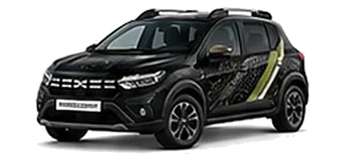 Dacia Sandero Stepway in Pearl Black with topographic-pattern vinyl side graphics, front three-quarter view on a white background.