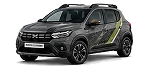 Dacia Sandero Stepway in Slate Grey with topographic-pattern vinyl side graphics, front three-quarter view on a white background.