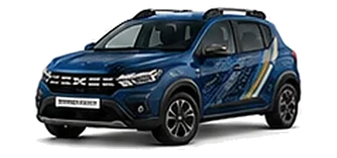 Dacia Sandero Stepway in Iron Blue with topographic-pattern vinyl side graphics, front three-quarter view on a white background.