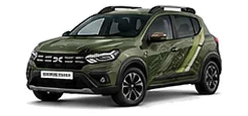 Dacia Sandero Stepway in Cedar Green with topographic-pattern vinyl side graphics, front three-quarter view on a white background.