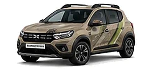 Dacia Sandero Stepway in Sandstone with topographic-pattern vinyl side graphics, front three-quarter view on a white background.