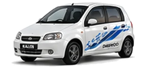 Daewoo Kalos in Casablanca White with chequered vinyl side graphics, front three-quarter view on a white background.