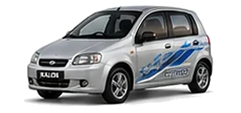 Daewoo Kalos in Poly Silver with chequered vinyl side graphics, front three-quarter view on a white background.