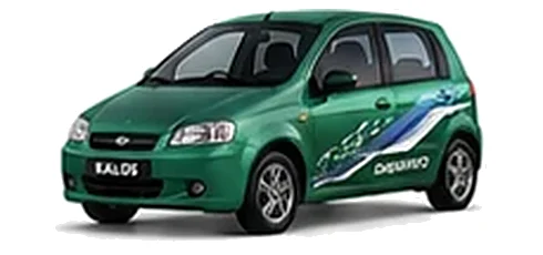 Daewoo Kalos in Leaf Green with chequered vinyl side graphics, front three-quarter view on a white background.
