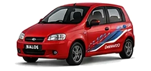 Daewoo Kalos in Super Red with chequered vinyl side graphics, front three-quarter view on a white background.
