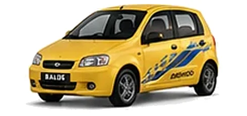 Daewoo Kalos in Golden Yellow with chequered vinyl side graphics, front three-quarter view on a white background.