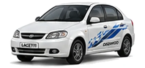 Daewoo Lacetti in Casablanca White with chequered vinyl side graphics, front three-quarter view on a white background.