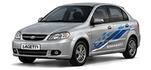 Daewoo Lacetti in Poly Silver with chequered vinyl side graphics, front three-quarter view on a white background.