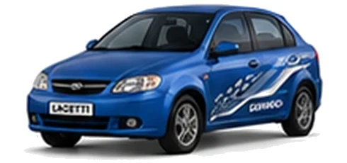 Daewoo Lacetti in Cobalt Blue with chequered vinyl side graphics, front three-quarter view on a white background.