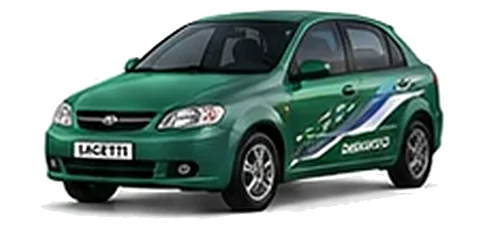 Daewoo Lacetti in Leaf Green with chequered vinyl side graphics, front three-quarter view on a white background.