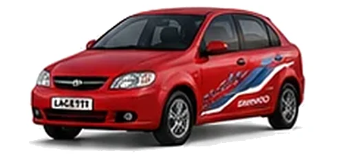 Daewoo Lacetti in Super Red with chequered vinyl side graphics, front three-quarter view on a white background.