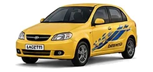 Daewoo Lacetti in Golden Yellow with chequered vinyl side graphics, front three-quarter view on a white background.