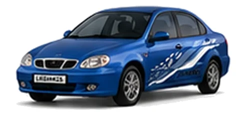 Daewoo Leganza in Cobalt Blue with chequered vinyl side graphics, front three-quarter view on a white background.