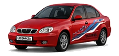 Daewoo Leganza in Super Red with chequered vinyl side graphics, front three-quarter view on a white background.
