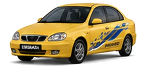 Daewoo Leganza in Golden Yellow with chequered vinyl side graphics, front three-quarter view on a white background.