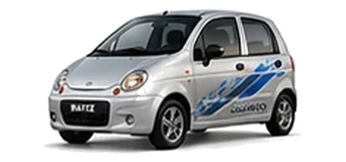 Daewoo Matiz in Poly Silver with chequered vinyl side graphics, front three-quarter view on a white background.