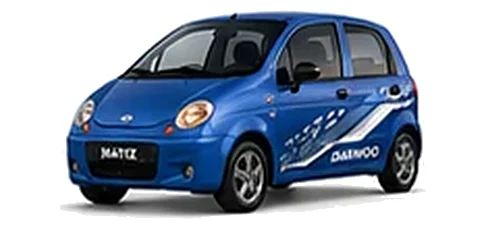 Daewoo Matiz in Cobalt Blue with chequered vinyl side graphics, front three-quarter view on a white background.