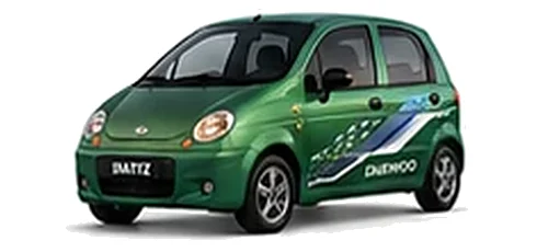 Daewoo Matiz in Leaf Green with chequered vinyl side graphics, front three-quarter view on a white background.