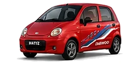 Daewoo Matiz in Super Red with chequered vinyl side graphics, front three-quarter view on a white background.