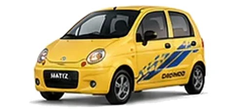 Daewoo Matiz in Golden Yellow with chequered vinyl side graphics, front three-quarter view on a white background.
