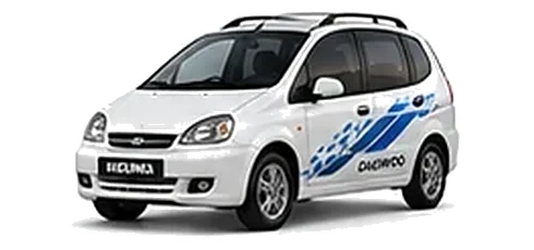 Daewoo Tacuma in Casablanca White with chequered vinyl side graphics, front three-quarter view on a white background.
