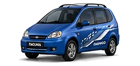 Daewoo Tacuma in Cobalt Blue with chequered vinyl side graphics, front three-quarter view on a white background.
