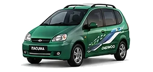 Daewoo Tacuma in Leaf Green with chequered vinyl side graphics, front three-quarter view on a white background.