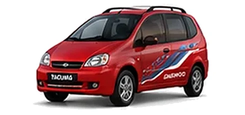 Daewoo Tacuma in Super Red with chequered vinyl side graphics, front three-quarter view on a white background.