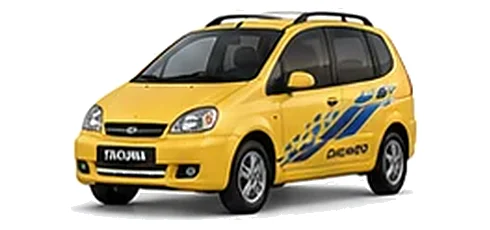 Daewoo Tacuma in Golden Yellow with chequered vinyl side graphics, front three-quarter view on a white background.