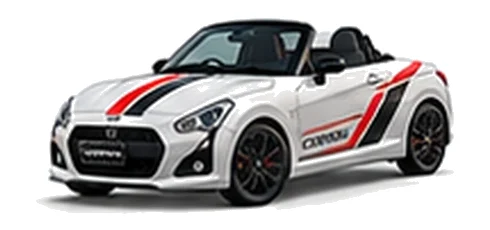 Daihatsu Copen in Pearl White with racing-style vinyl side graphics, front three-quarter view on a white background.