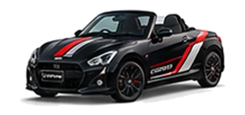 Daihatsu Copen in Black Mica with racing-style vinyl side graphics, front three-quarter view on a white background.