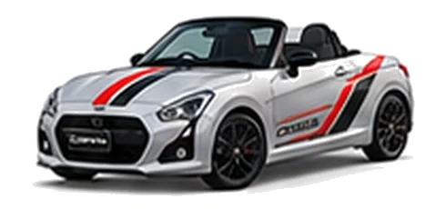 Daihatsu Copen in Silver Metallic with racing-style vinyl side graphics, front three-quarter view on a white background.