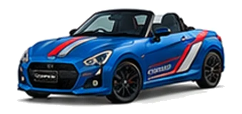 Daihatsu Copen in Riviera Blue with racing-style vinyl side graphics, front three-quarter view on a white background.