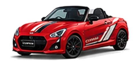 Daihatsu Copen in Shining Red with racing-style vinyl side graphics, front three-quarter view on a white background.