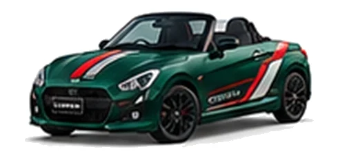 Daihatsu Copen in British Green with racing-style vinyl side graphics, front three-quarter view on a white background.