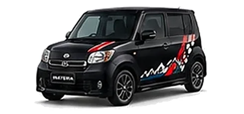 Daihatsu Materia in Black Mica with racing-style vinyl side graphics, front three-quarter view on a white background.
