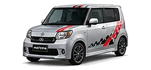 Daihatsu Materia in Silver Metallic with racing-style vinyl side graphics, front three-quarter view on a white background.