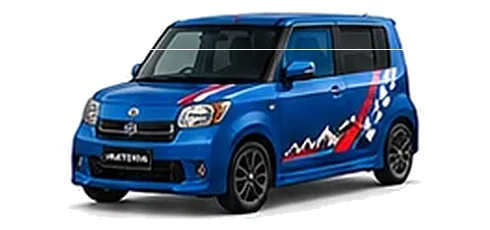 Daihatsu Materia in Riviera Blue with racing-style vinyl side graphics, front three-quarter view on a white background.