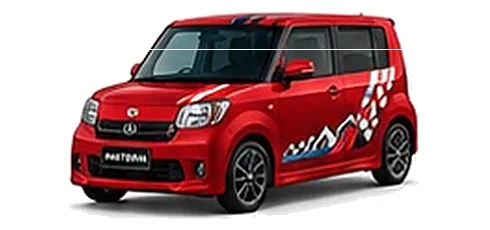 Daihatsu Materia in Shining Red with racing-style vinyl side graphics, front three-quarter view on a white background.
