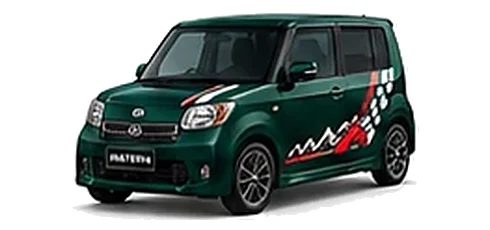 Daihatsu Materia in British Green with racing-style vinyl side graphics, front three-quarter view on a white background.